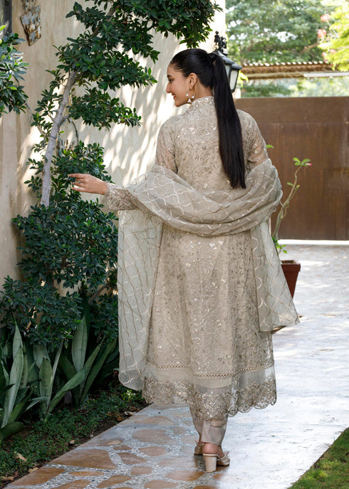 HP002 - Brownish grey shirt with attached shameez & malai trousers with chiffon dupatta. With Inner.
